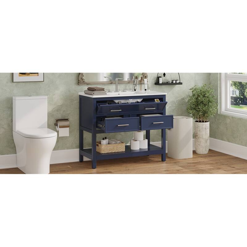 Bathroom Vanity with Sink, Multi-Functional Wood Bathroom Cabinet, Vanities Set with Open Shelf, Tip-Out Tray & 2 Drawers