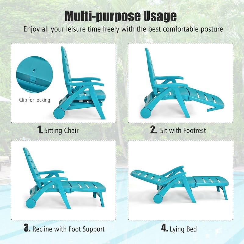 5 Position Adjustable Folding Lounger Chaise Chair on Wheels - 30" x 29" x 41" (L x H x W)