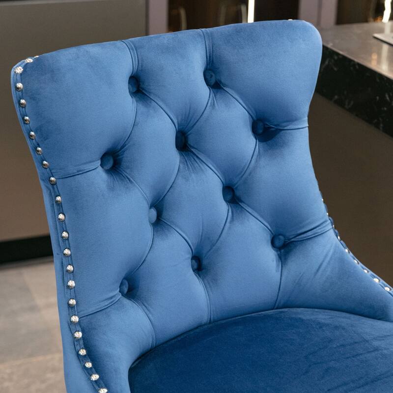 Modern Velvet Upholstered Barstools Bar Chairs with Button Tufted Decoration,Wooden Legs,Chrome Nailhead Trim, Set of 2