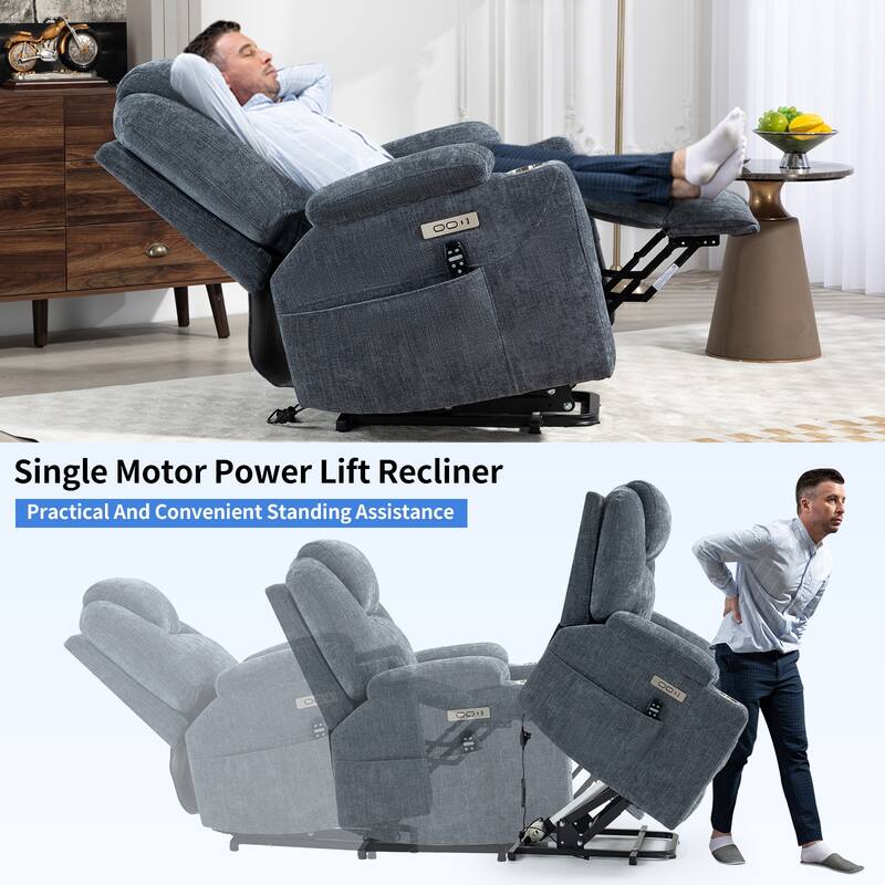 Blue Power Lift Recliner with 8-Point Massage, Heated Lumbar, Dual USB Ports, and Stainless Steel Cup Holders