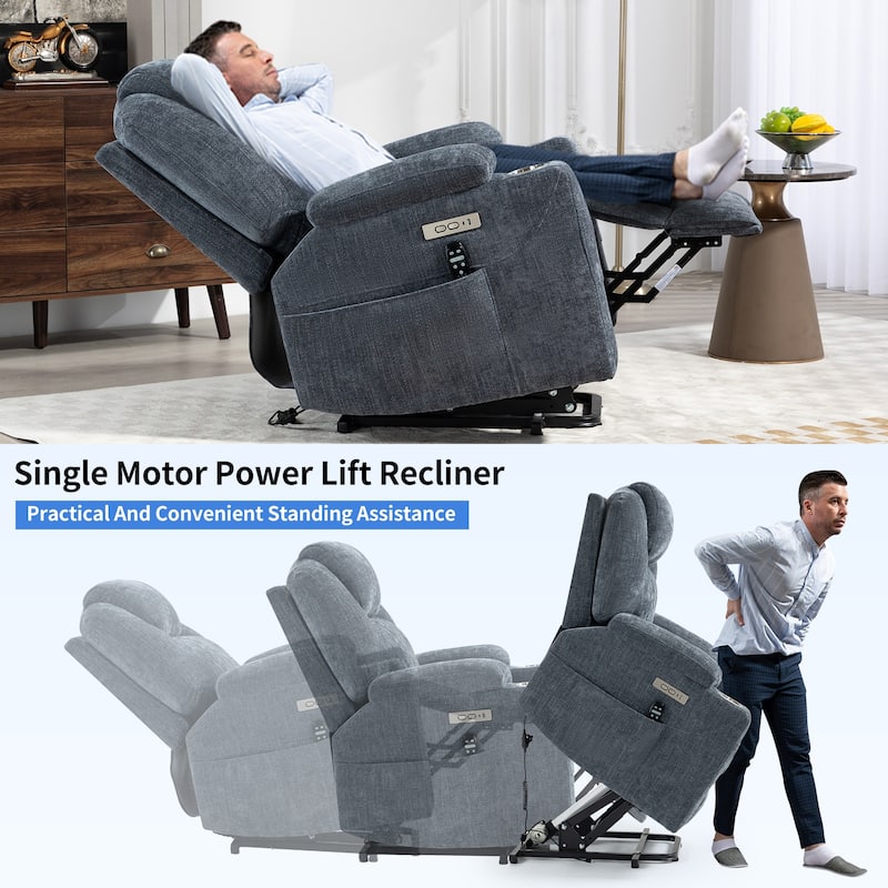 Lazy Boy Large Chenille Power Lift Recliner Chair with Massage and Lumbar Heating, USB and Type-C Ports & Cup Holders