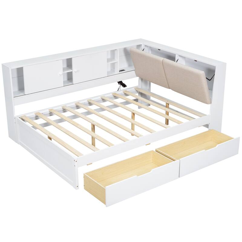 L-shaped Daybed Wooden Corner Sofa Bed Frame with Sliding Doors Bookcase Captains Bed, Upholstered Headboard Built-in Storage
