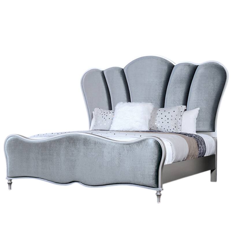 Eleena King Bed, Scalloped Padded Channel Tufting, Silver Upholstery