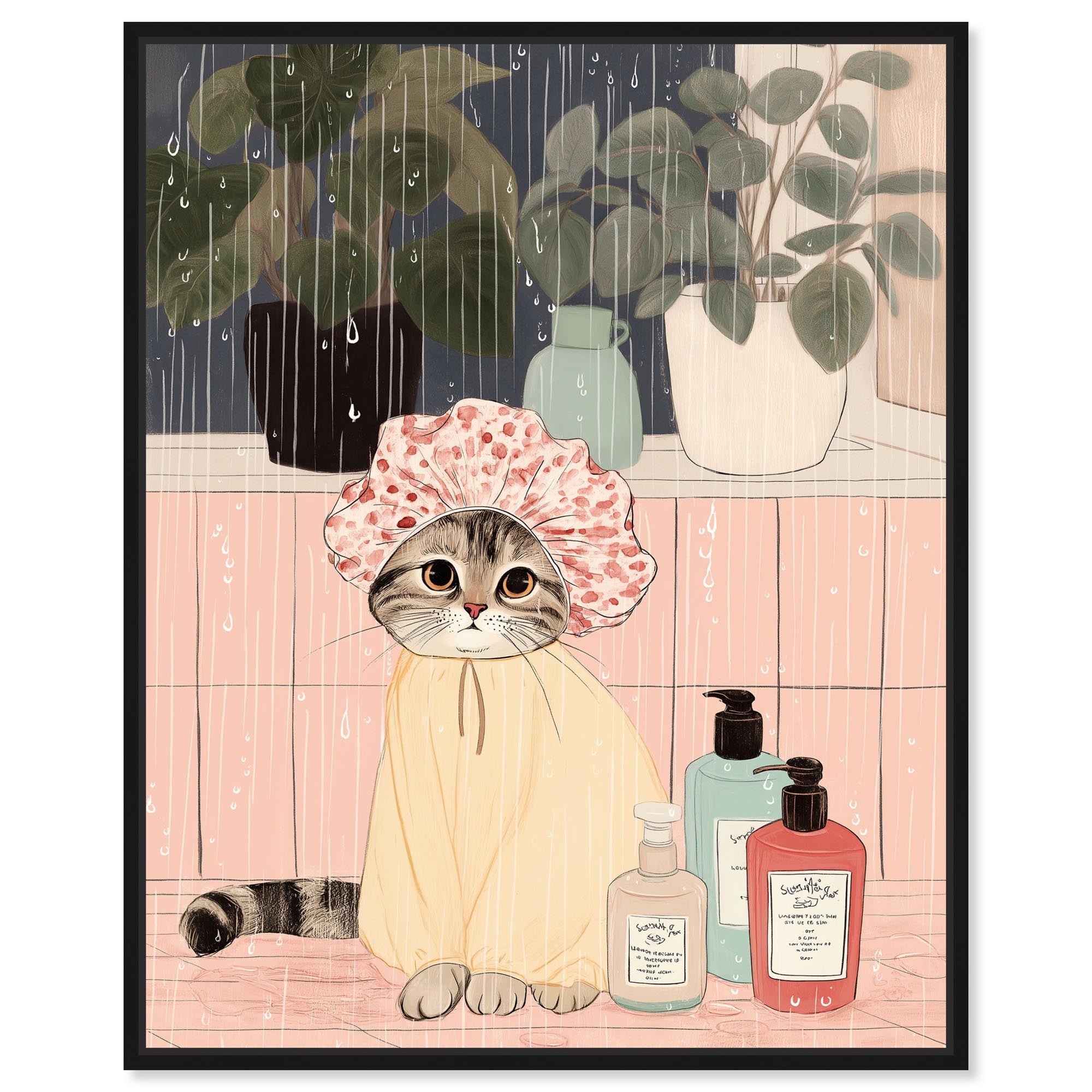 Shower Cat Pets Art Framed Canvas Print by Art Remedy