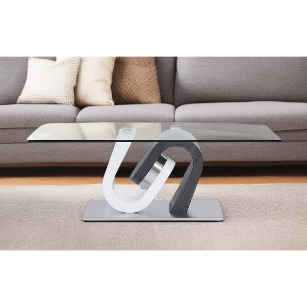 HomeRoots 48" Clear Gray and White Glass And Steel Mod Coffee Table