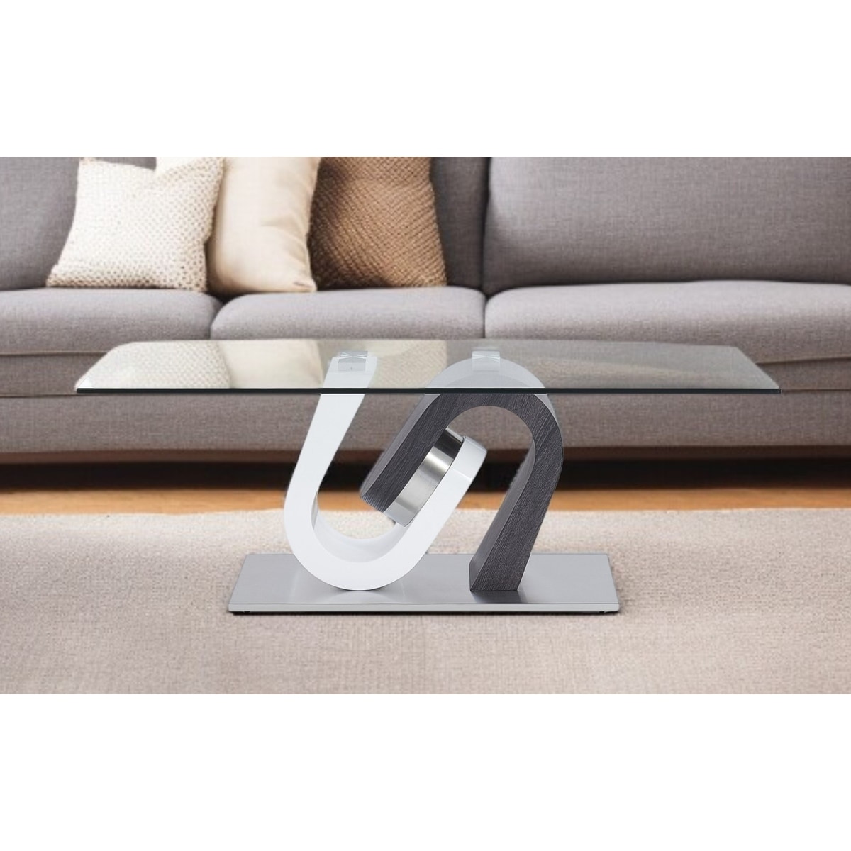 HomeRoots 48" Clear Gray and White Glass And Steel Mod Coffee Table - 48.00 in. x 17.00 in. x 28.00 in.
