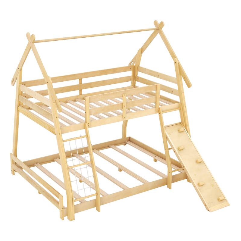 Twin Over Queen Bunk Bed Wooden Kids Bed with Climbing Nets and Ramp
