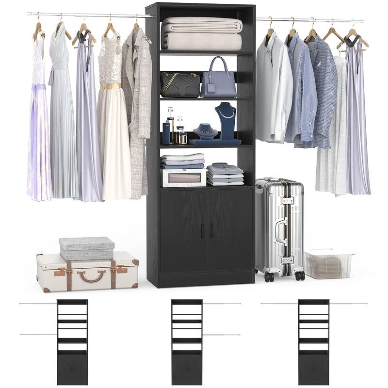 Rackcog 25'' - 104'' W Closet Organizer with Expandable Hanging Rods, Cabinet, Adjustable Shelves