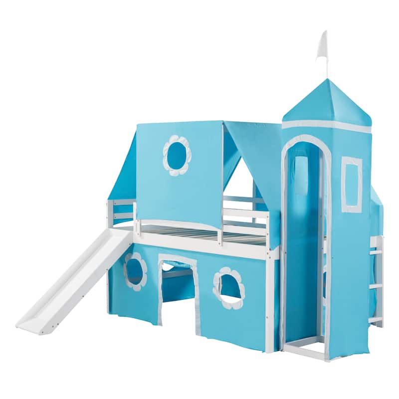 Full Size Bunk Bed with Slide Blue Tent and Tower