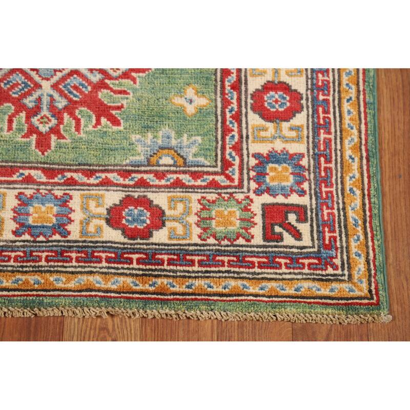 Green Geometric Kazak Foyer Rug Handmade Wool Carpet - 2'6"x 3'10"