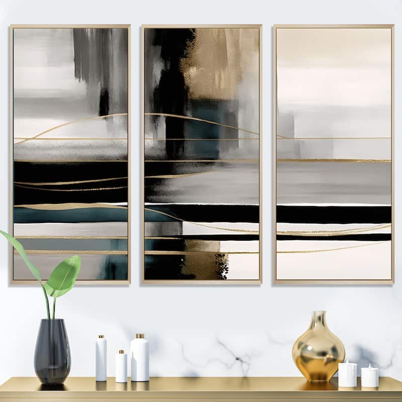 Designart "Abstract Geode Geometric Black And Gold III" Modern Geometric Framed Canvas Art Print - 3 Panels
