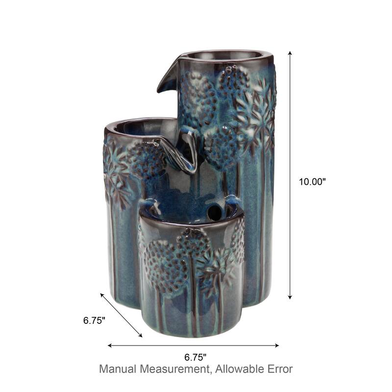 Glitzhome 10"H 3-Tier Turquoise Ceramic Tabletop Fountain with Pump and LED Light