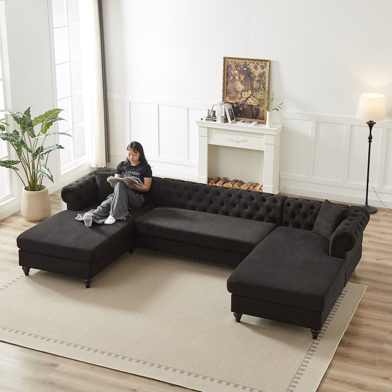 Chenille U-Shaped 5-Seater Sofa with Pull Point Design and Wooden Legs - Black