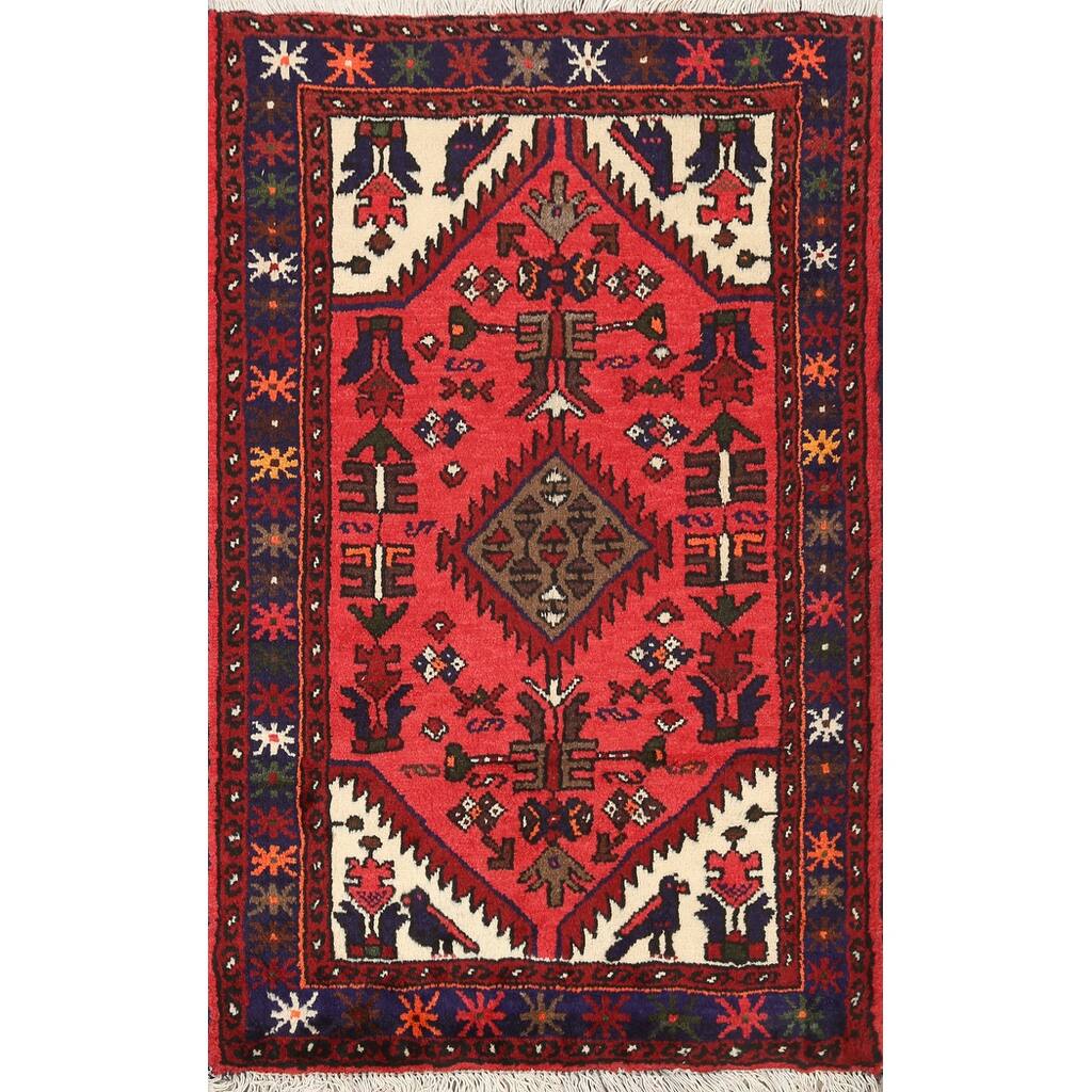Geometric Persian Hamedan Wool Area Rug Handmade Traditional Carpet - 2'7" x 3'7"