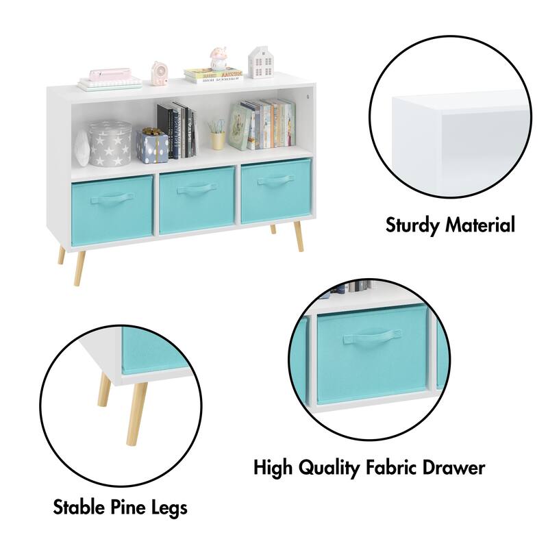 2-Shelf Kids Bookcase with Removable Collapsible Fabric Drawers, Wood Storage Display Organizer for Bedroom, Living Room
