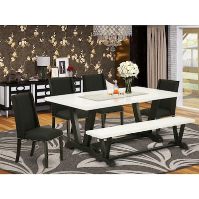 Modern 6-Piece Dining Set - Rectangular Table, 4 Chairs, Bench - Black & Linen Fabric