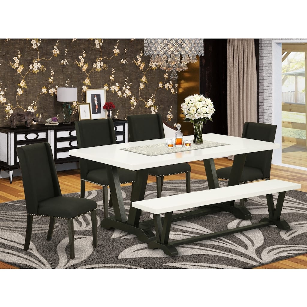 Modern 6-Piece Dining Set - Rectangular Table, 4 Chairs, Bench - Black & Linen Fabric