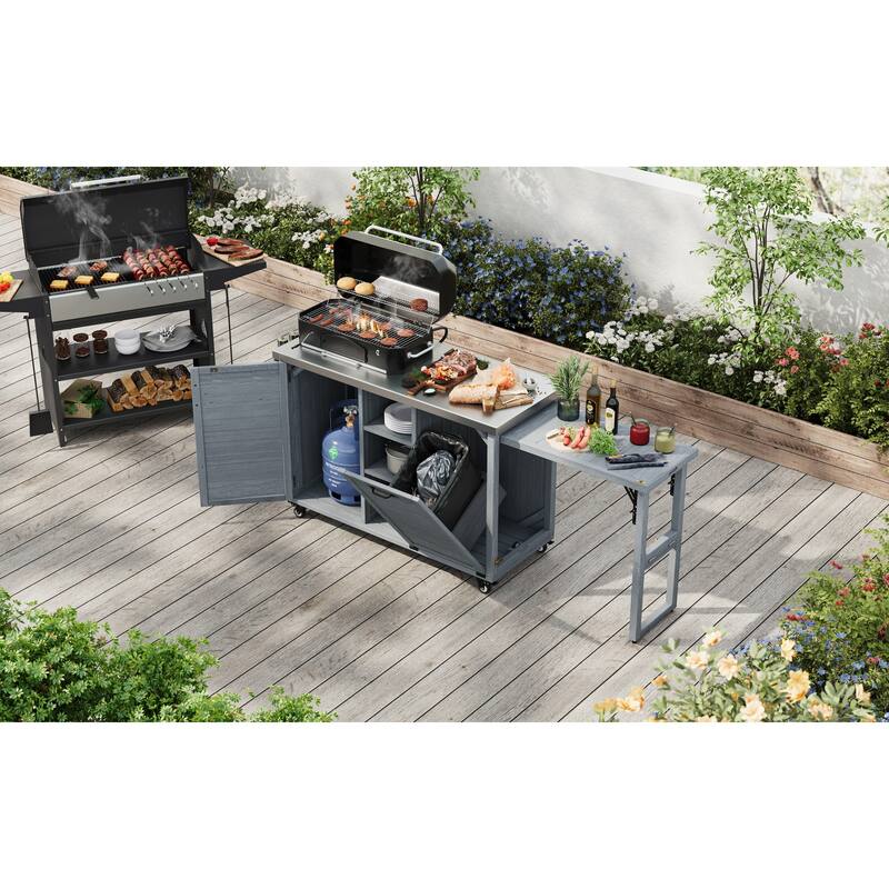 Roomfitters 78.3" Outdoor Kitchen Island with Foldable Grill Table, Stainless Steel Top & Tilt Trash Can Storage