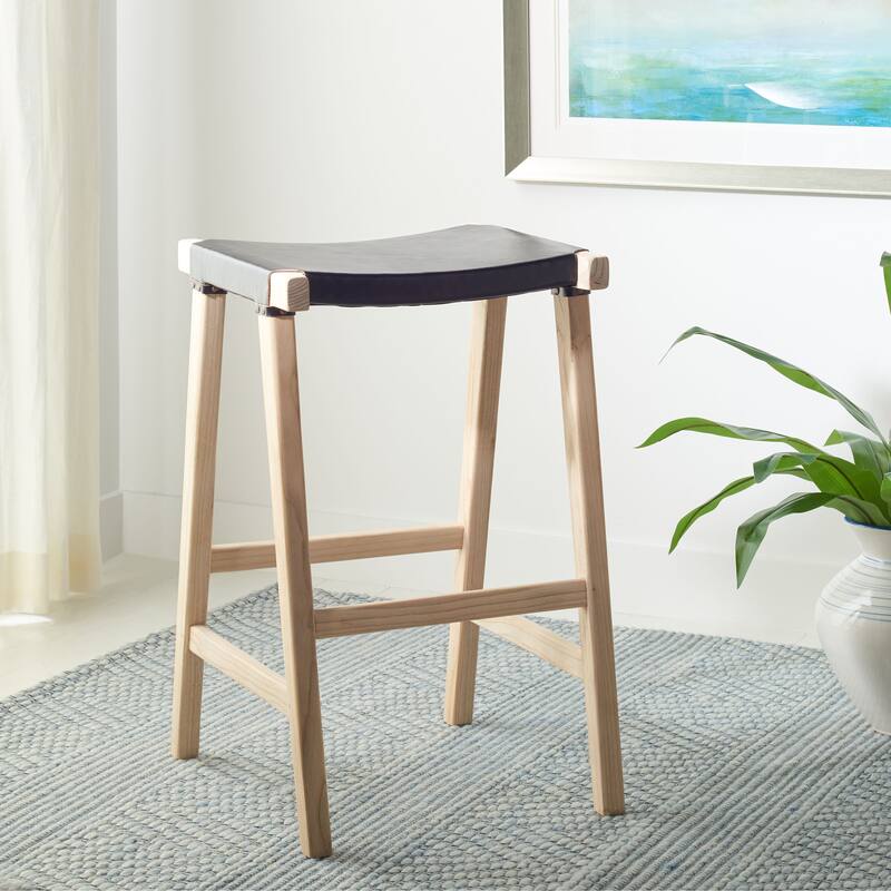 SAFAVIEH Luxita 30-inch Leather Rectangle Bar Stool - 18.5" x 20" x 30" - 19Wx20Dx30H - Black/Natural