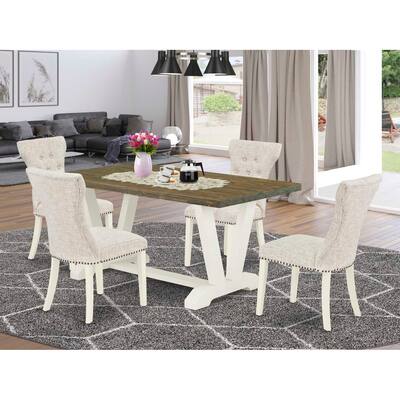 HomeStock 5-Piece Rectangle Distressed Jacobean Finish Solid Wood Top Dining Table with 4 Parson Chair with Lattice Back