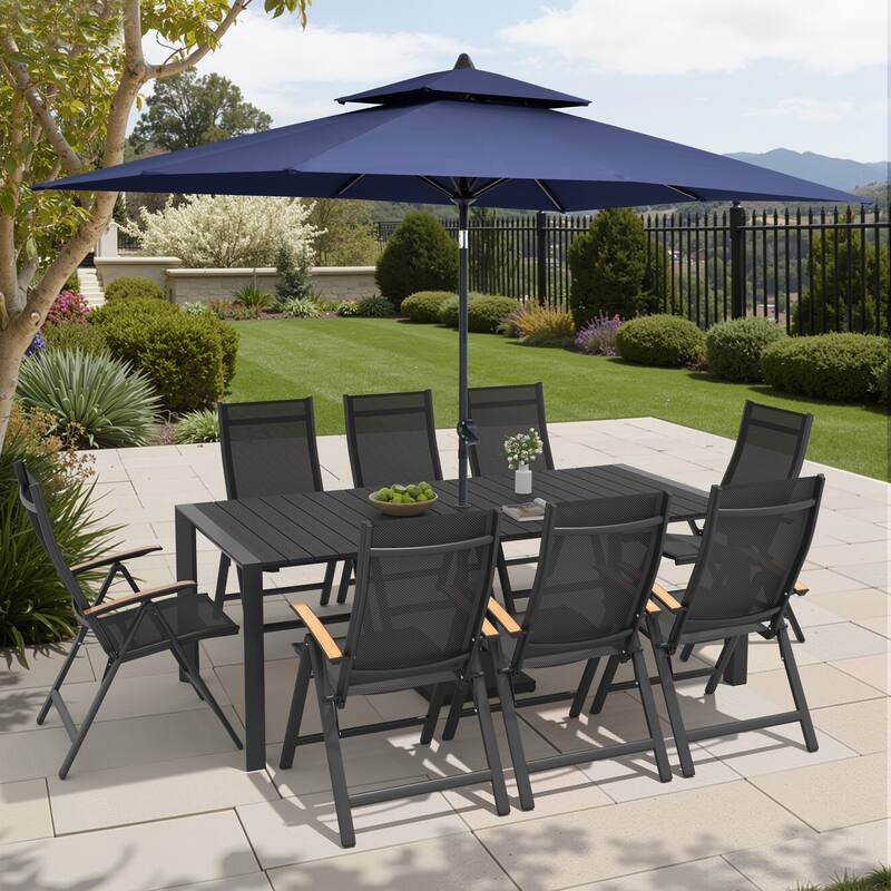9/11-Piece Outdoor Patio Dining Set Aluminum Dining Table and Chairs w/10 ft Market Umbrella and Base - Set of 11 - Black Table with Navy Blue Umbrella