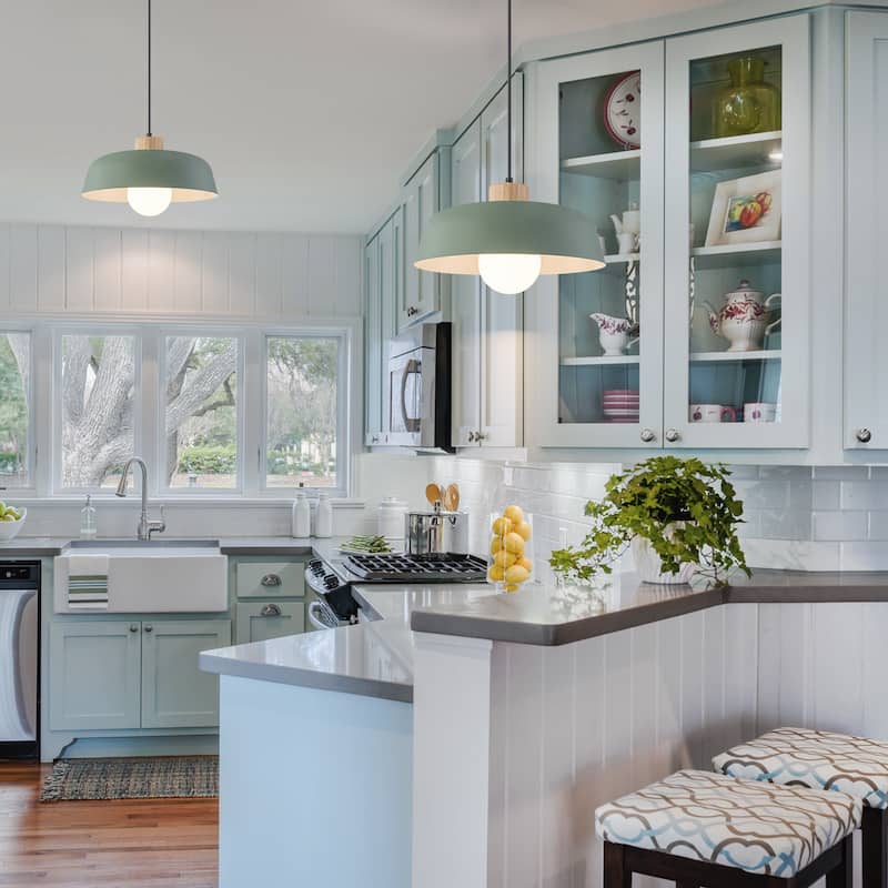 Modern 1-Light Green Dome Pendant Light with Decorative Wood Accent