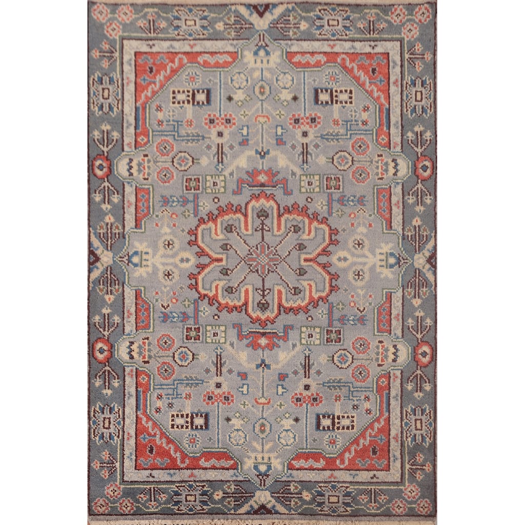 Gray Geometric Heriz-Serapi Accent Rug Hand-Knotted Wool Carpet - 4'1"x 5'9"