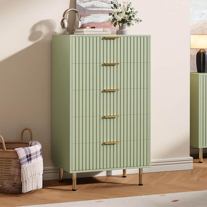 5 Drawer Fluted Dresser for Bedroom, Tall Modern Chest of Drawers with Deep Storage and Wide Top - Green
