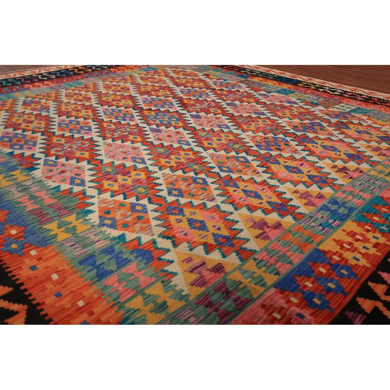 Reversible Kilim Area Rug Bedroom Hand-Woven Wool Carpet - 8'5" x 9'10"