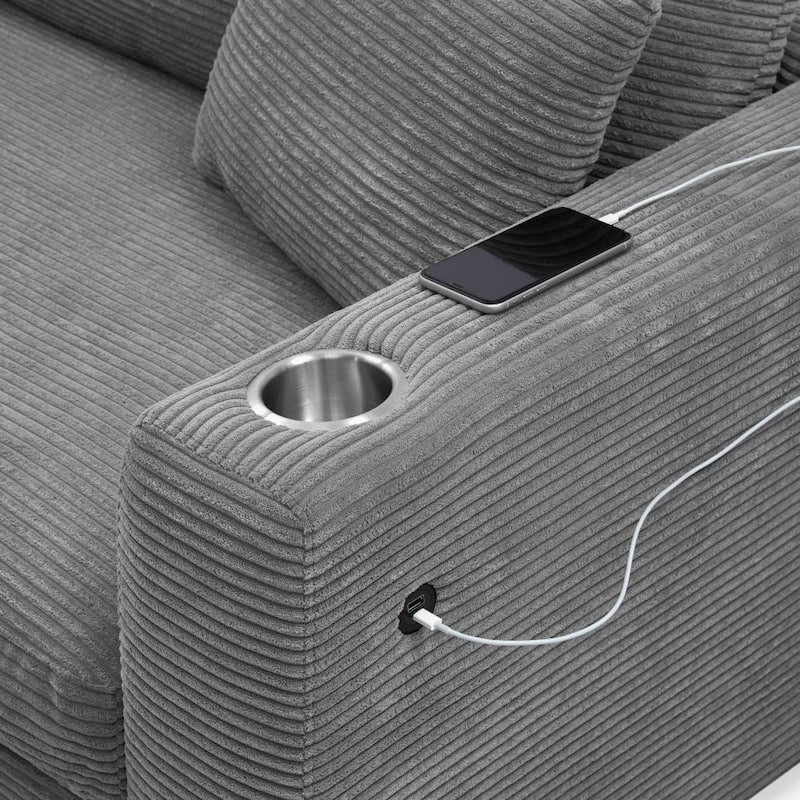 L Shaped Sectional Sofa with USB Charging Port and Cup Holder