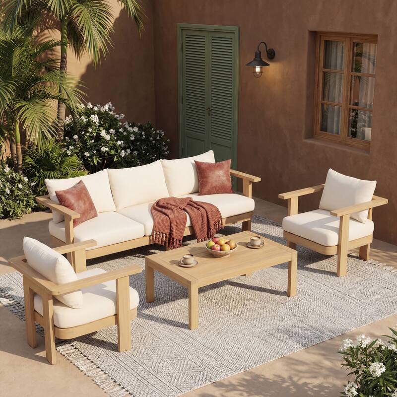 Christopher Knight Home - Elma Outdoor Acacia Wood Patio Conversation Set with Slatted Coffee Table & Cushions - 4-Piece Set - Light Teak Finish+Cream