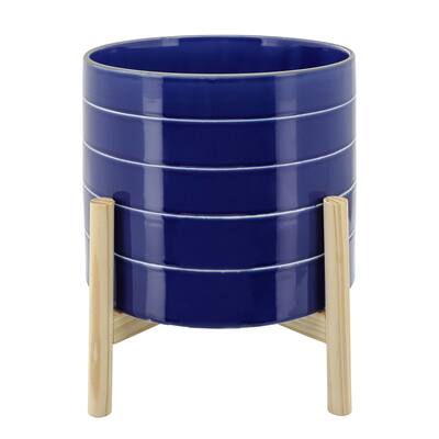 Navy Blue Ceramic Planter with White Stripes on Wood Stand - 10.0" x 10.0" x 8.0"