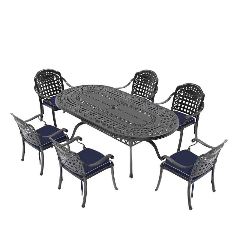 7/9-Piece Cast Aluminum Outdoor Dining Set with 82.87'' L X 42.13'' W Oval Table and Random Color Seat Cushions
