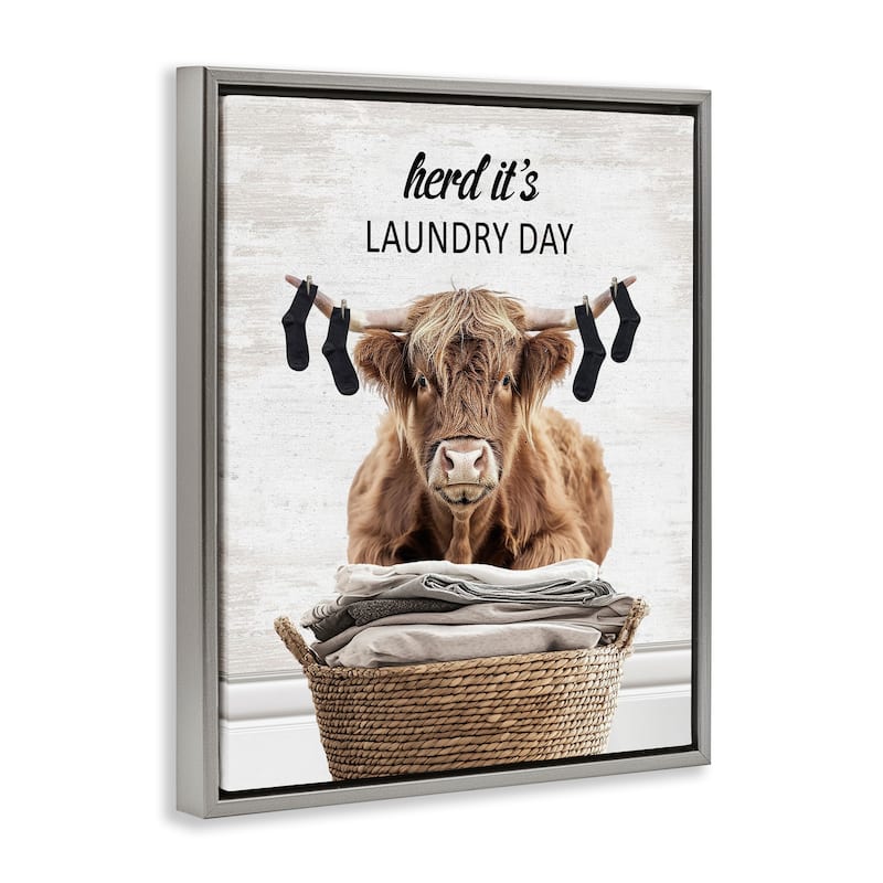 Stupell Laundry Cattle with Hanging Socks Framed Floater Canvas Wall Art Design By Lettered and Lined