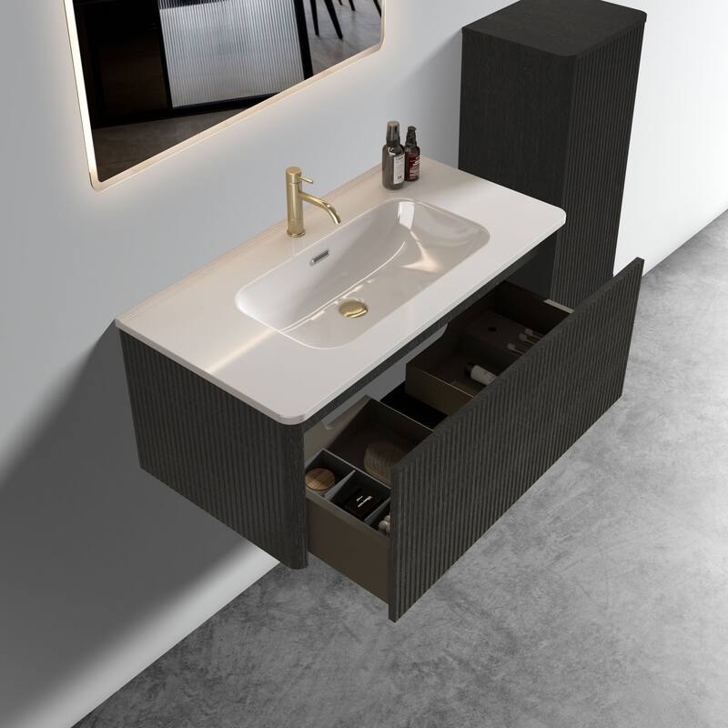 36" Etna Floating Vanity with White Ceramic Sink, Striped Black Oak Texture, Curved Edges