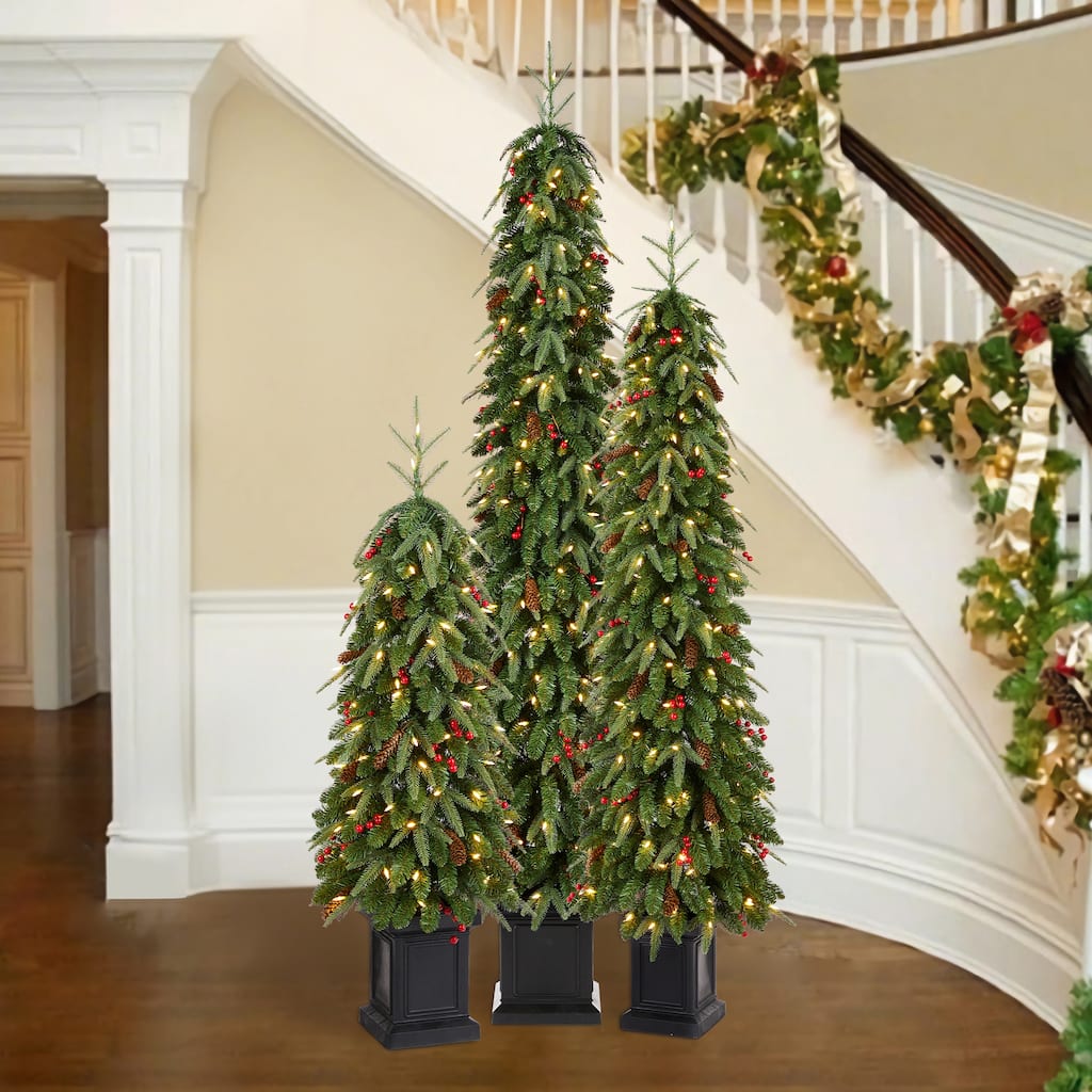 Glitzhome 4ft/6ft/7ft Pre-lit Green Artificial Christmas Tree in Decorative Planter Holiday Porch Decor