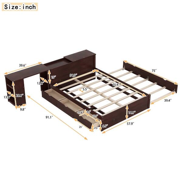 dimension image slide 2 of 3, Full Size Platform Bed with Trundle and Drawers Wood Full Bed Frame with a Rolling Shelf Platform Bed with Desk - White