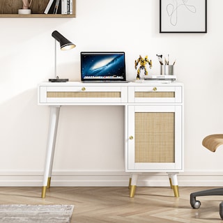 White Rattan Office Desk with Storage - 39.4"W x 18.9"D x 30.7"H