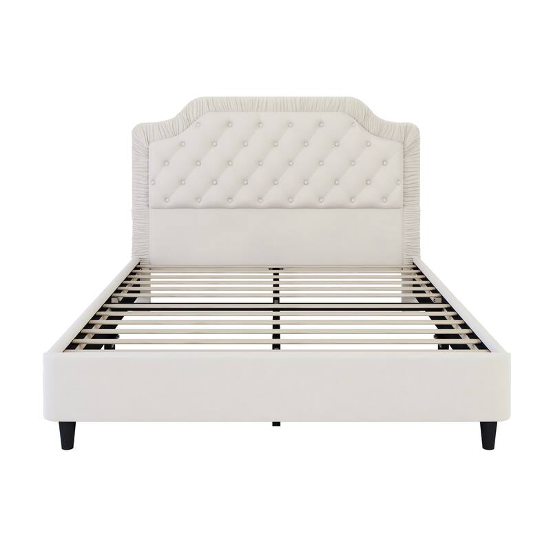 Modern Queen Size Upholstered Bed with Ruched and Button Tufted Headboard, Wooden Frame with Metal Base, No Box Spring Needed