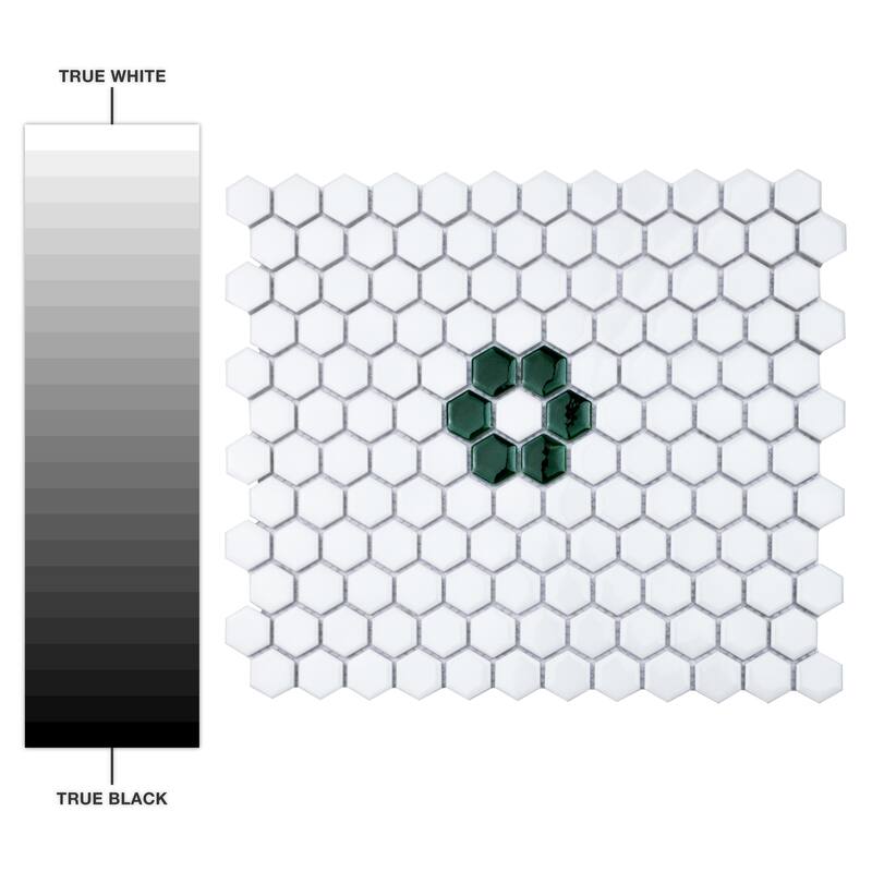 Merola Tile Metro Ion 1" Hex Emerald Single Flower w/Glossy White Porcelain Mosaic Floor & Wall Tile