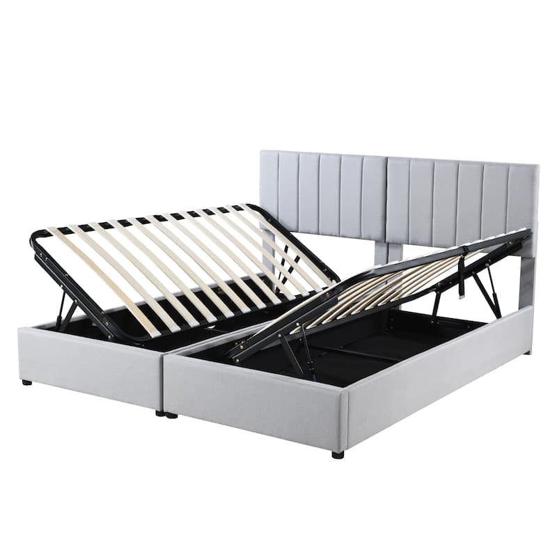 King Size Upholstered Platform Bed with Hydraulic Lift Storage, Vertical Stripe Headboard, and Ample Under-Bed Storage