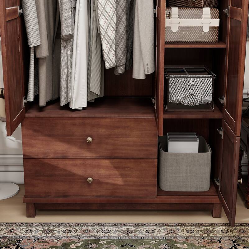 100% Solid Wood Walnut Armoire Wardrobe Closet with Drawers and Hanging Rod, Farmhouse Style Wardrobe Closet with 3 Doors