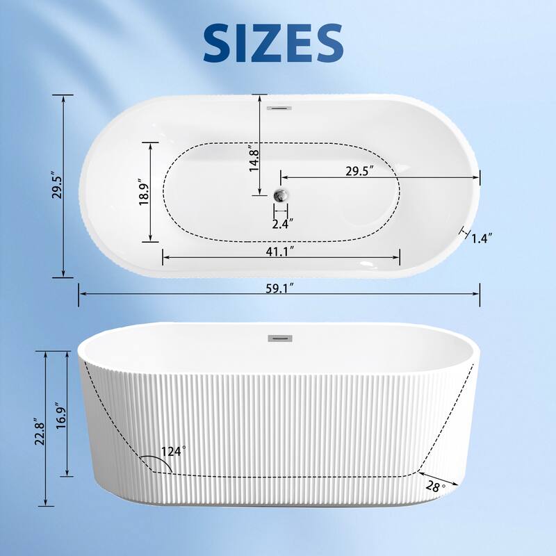 59"Linear AcrylicFreestanding Bathtub Stand Alone Soaker Tub