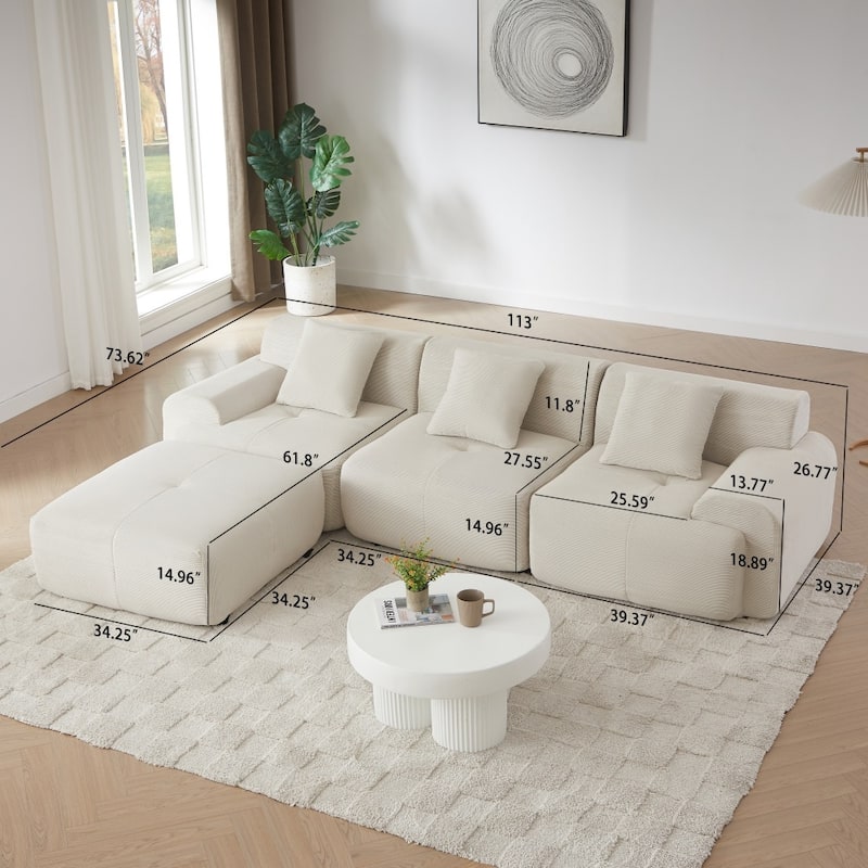 113" Modern L-Shaped Corduroy Upholstery Modular Sectional Sofa with Deep Seat and Movable Ottoman