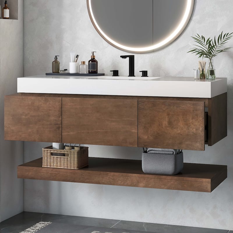 Moasis 47" W 3 Drawer Floating Bathroom Vanity with Stone Top and Ceramic Basin - Brown