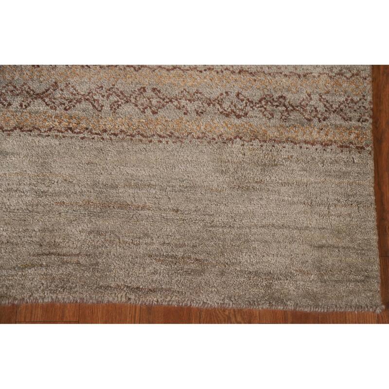 Hand Knotted Oriental 100% Wool Carpet Modern Stripe Greys & Charcoal Modern Runner Rug - 13' 3'' X 2' 7''