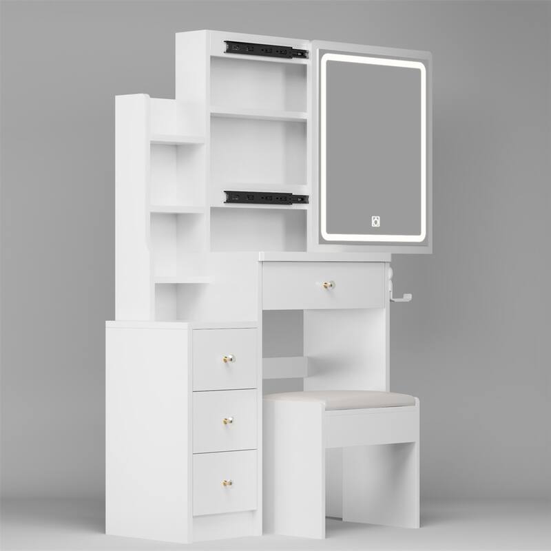 Vanity Table with Cushioned Stool,Adjustable Touch Control LED Mirror