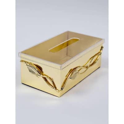 Gold Tissue Box with Leaf Design and Clear Cover