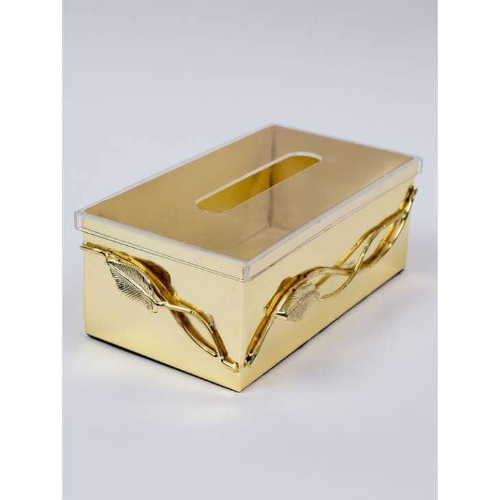 Gold Tissue Box with Leaf Design and Clear Cover
