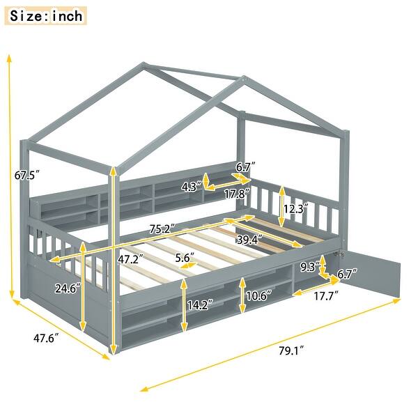 dimension image slide 1 of 2, Twin Size Wooden House Bed Platform Bed With Shelves And a Mini-cabinet,Solid Construction For Bedroom